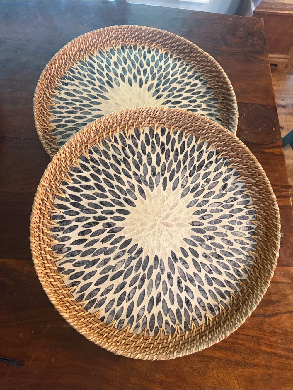 Woven Rattan Serving Trays with Sunburst Pattern - Set of 2